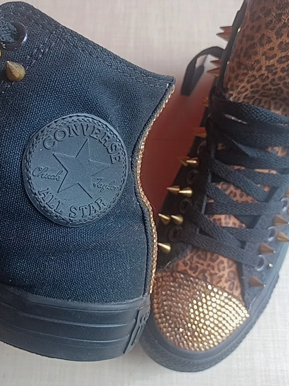 Converse Black High-Top Sneakers with Leopard Print and Gold Accents - Picture 3 of 16